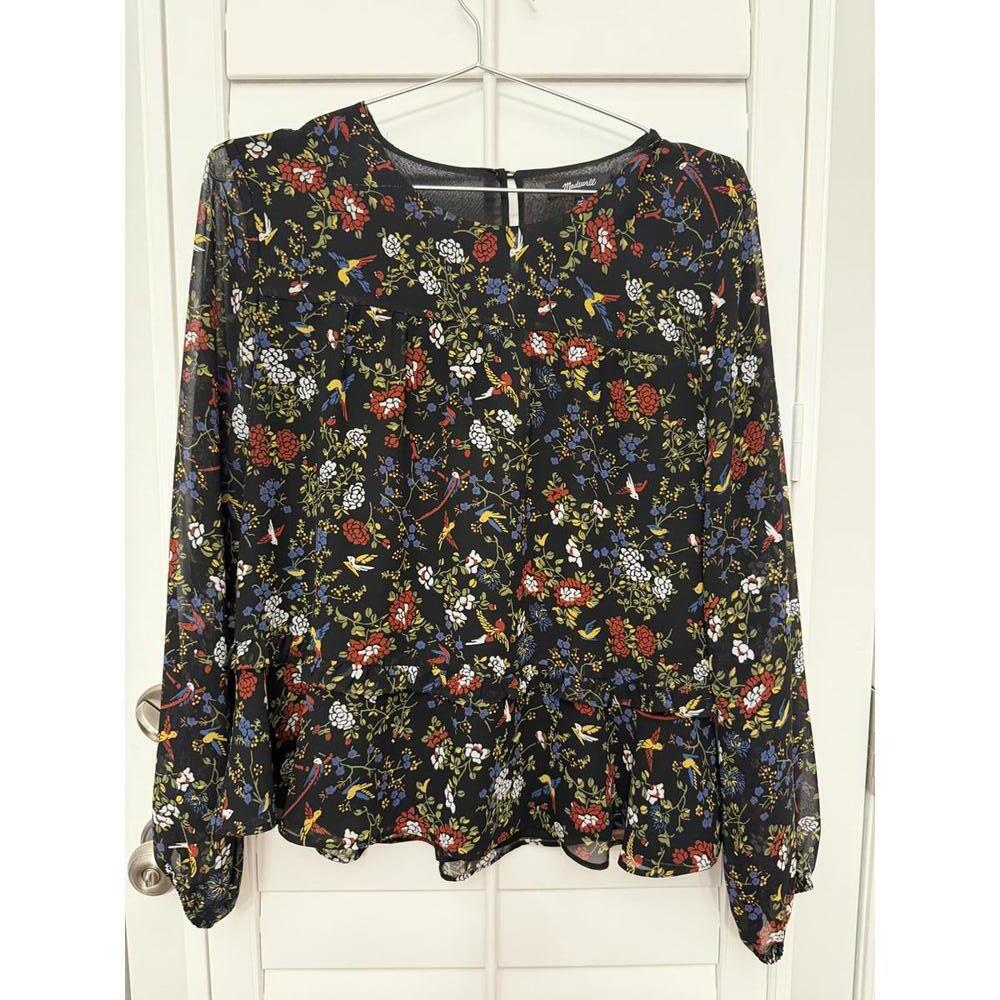 Madewell Sheer-Sleeve Ruffle Peplum Top in the black finch floral print size L